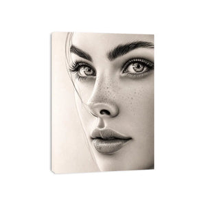 Minimalist pencil portrait wall art with elegant feminine face sketch and monochrome modern canvas print