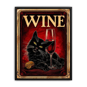 Vintage poster of a black cat with a glass of red wine in retro style