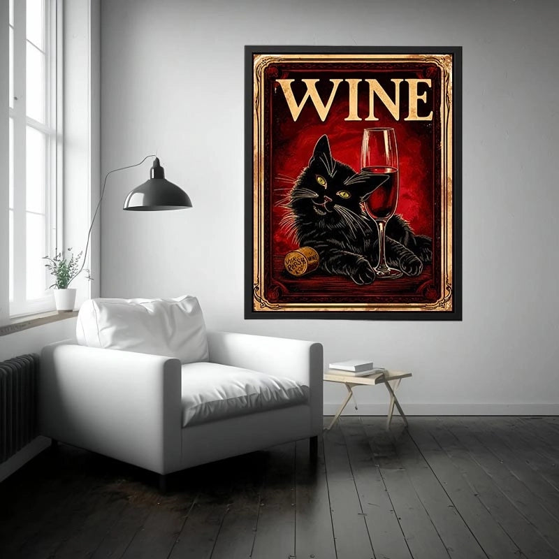 Vintage poster of a black cat with a glass of red wine in retro style