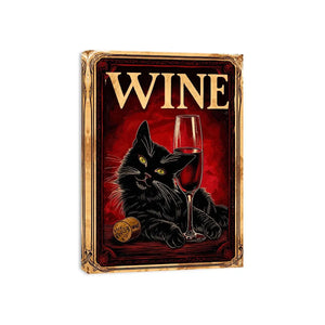 Vintage poster of a black cat with a glass of red wine in retro style