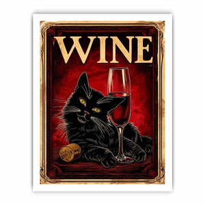 Vintage poster of a black cat with a glass of red wine in retro style