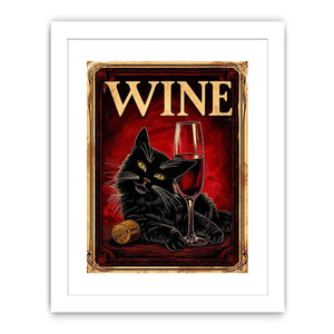 Vintage poster of a black cat with a glass of red wine in retro style