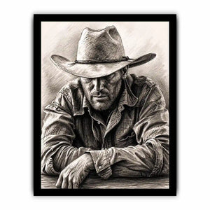 Cowboy sketch wall art with rustic western pencil portrait and monochrome vintage canvas print