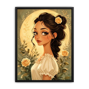 Whimsical girl portrait wall art with soft floral illustration and dreamy pastel canvas print