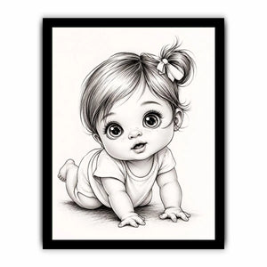 Cute baby sketch wall art with adorable cartoon baby portrait and minimalist nursery canvas print