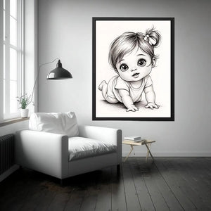 Cute baby sketch wall art with adorable cartoon baby portrait and minimalist nursery canvas print