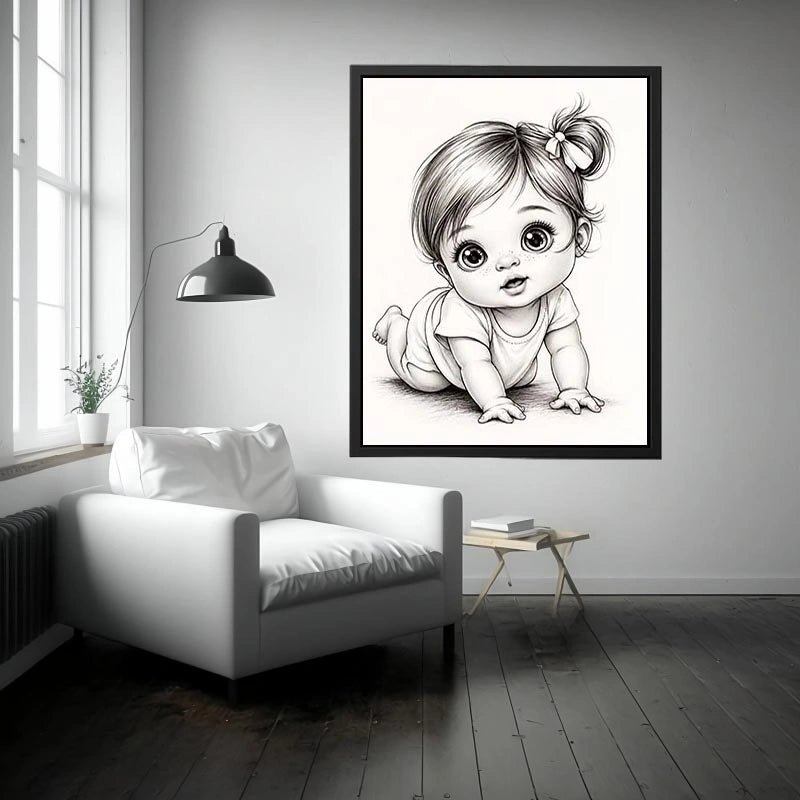 Cute baby sketch wall art with adorable cartoon baby portrait and minimalist nursery canvas print