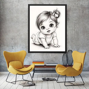 Cute baby sketch wall art with adorable cartoon baby portrait and minimalist nursery canvas print