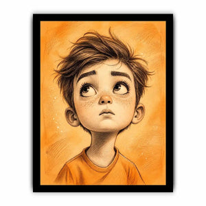 Whimsical boy sketch wall art with expressive cartoon portrait and warm minimalist nursery canvas print