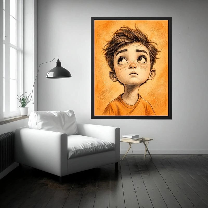 Whimsical boy sketch wall art with expressive cartoon portrait and warm minimalist nursery canvas print