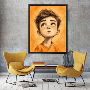 Whimsical boy sketch wall art with expressive cartoon portrait and warm minimalist nursery canvas print