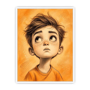 Whimsical boy sketch wall art with expressive cartoon portrait and warm minimalist nursery canvas print