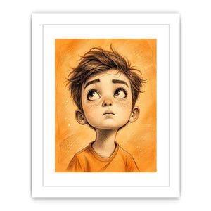 Whimsical boy sketch wall art with expressive cartoon portrait and warm minimalist nursery canvas print