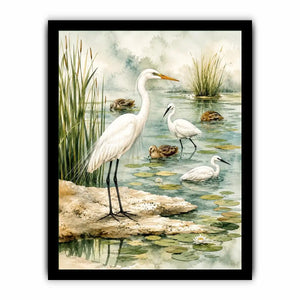 Watercolor heron wall art with serene wetland birds and soft coastal marsh canvas print