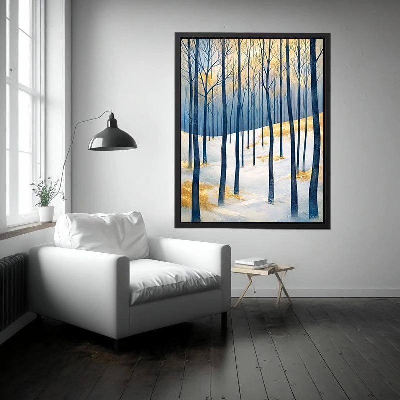 Minimal winter forest wall art with blue woodland trees and golden Scandinavian landscape canvas print
