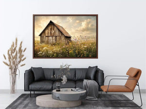 Rustic barn meadow wall art with wildflowers and vintage farmhouse countryside canvas print
