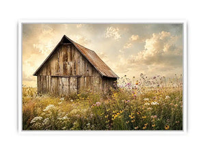 Rustic barn meadow wall art with wildflowers and vintage farmhouse countryside canvas print