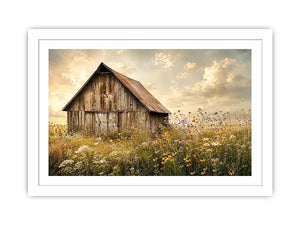 Rustic barn meadow wall art with wildflowers and vintage farmhouse countryside canvas print