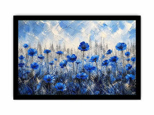Abstract painting of blue flowers with textured brush strokes on a neutral background