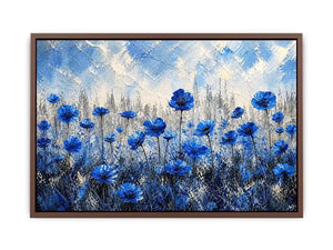 Abstract painting of blue flowers with textured brush strokes on a neutral background