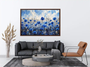 Abstract painting of blue flowers with textured brush strokes on a neutral background