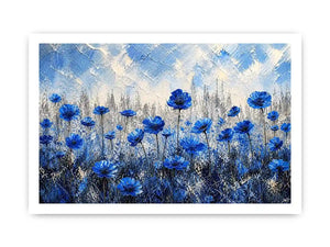 Abstract painting of blue flowers with textured brush strokes on a neutral background