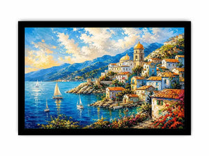 Mediterranean coastal village wall art with colorful seaside harbor and vibrant European canvas print