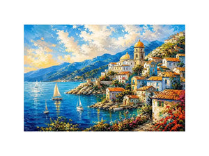Mediterranean coastal village wall art with colorful seaside harbor and vibrant European canvas print