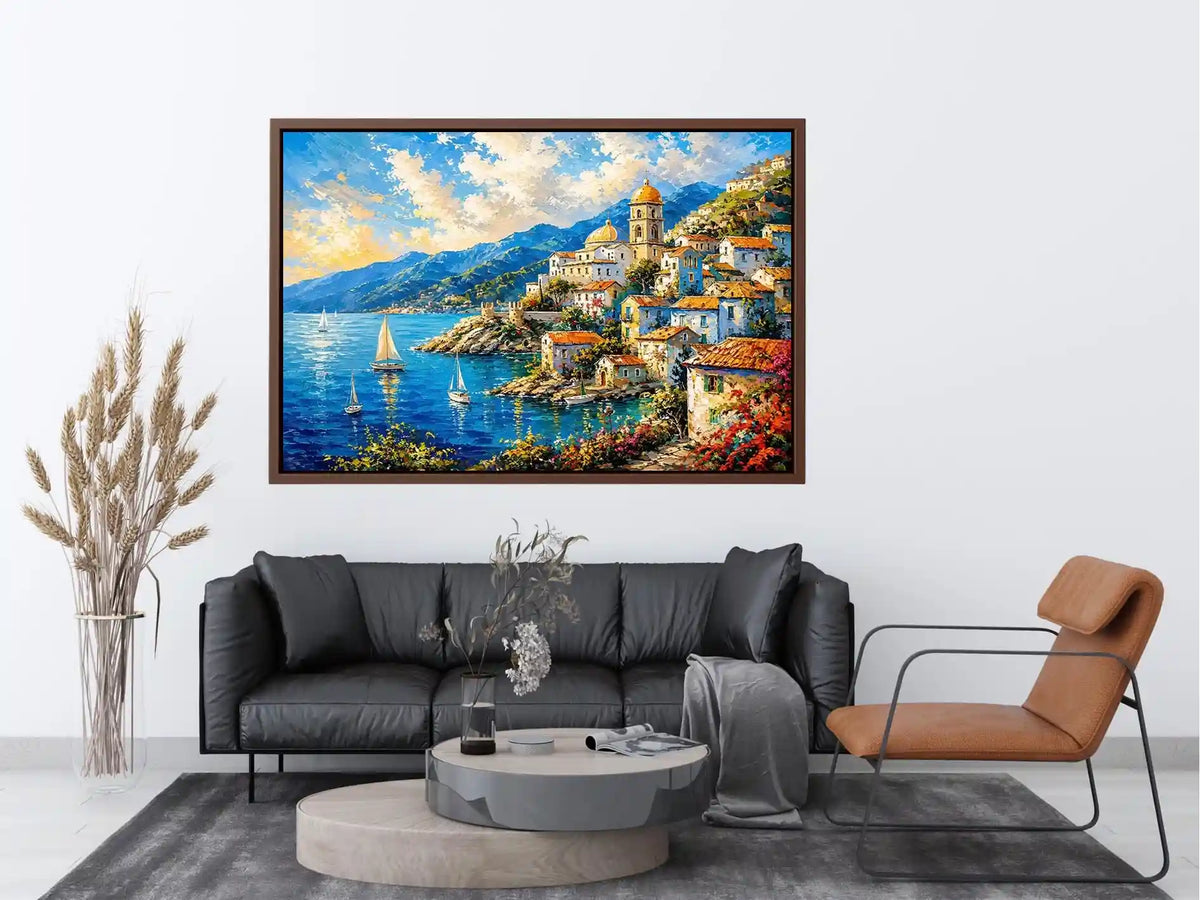 Mediterranean coastal village wall art with colorful seaside harbor and vibrant European canvas print