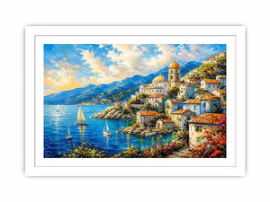 Mediterranean coastal village wall art with colorful seaside harbor and vibrant European canvas print