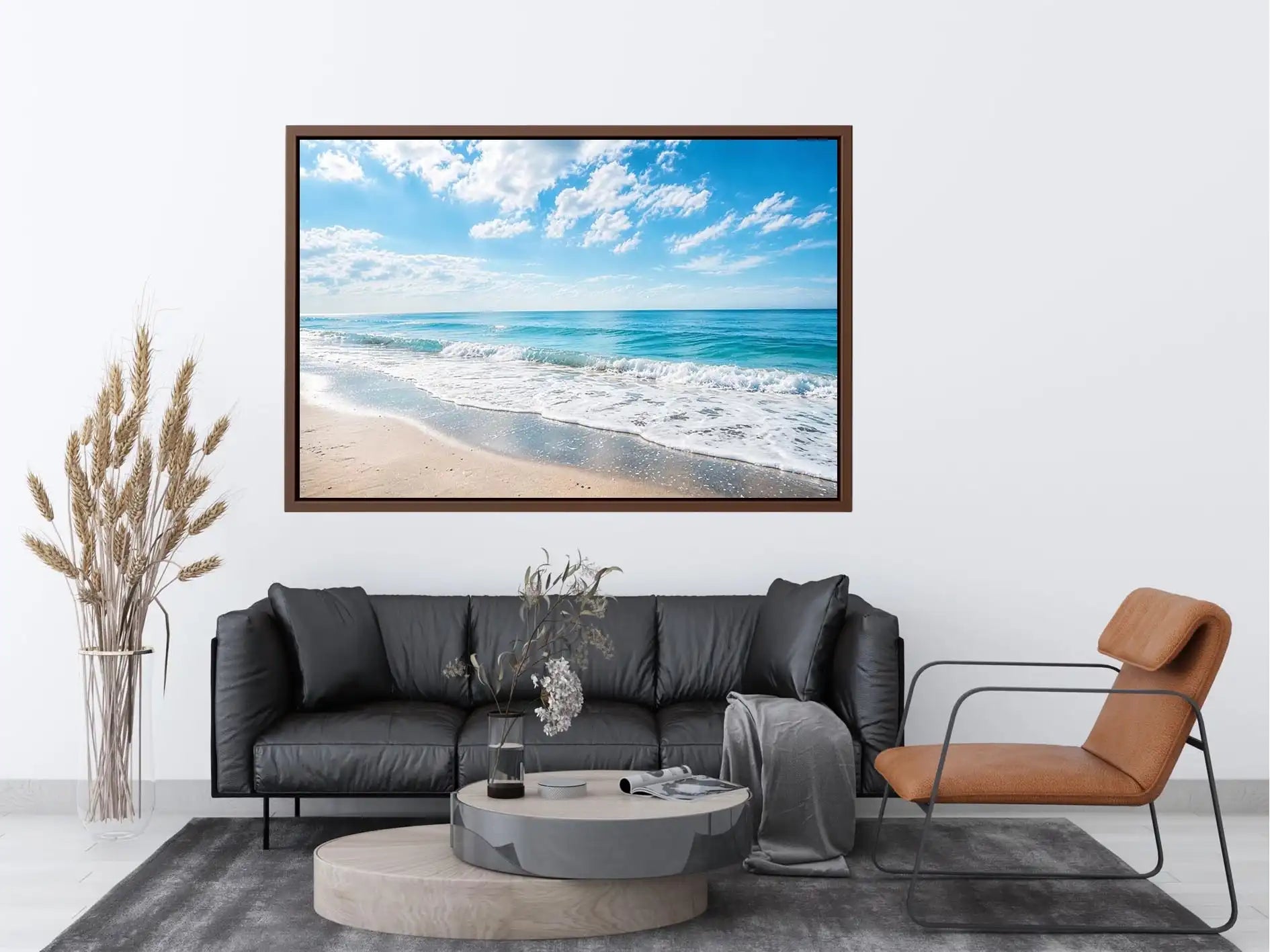 Serene ocean beach wall art with soft coastal waves and minimalist seaside canvas print