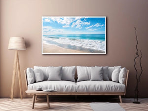 Serene ocean beach wall art with soft coastal waves and minimalist seaside canvas print