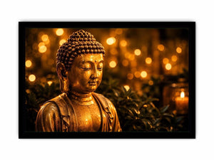 Golden Buddha wall art with glowing zen meditation lights and peaceful spiritual canvas print