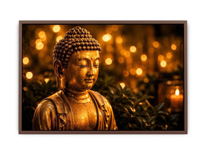 Golden Buddha wall art with glowing zen meditation lights and peaceful spiritual canvas print
