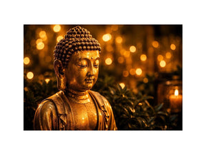 Golden Buddha wall art with glowing zen meditation lights and peaceful spiritual canvas print