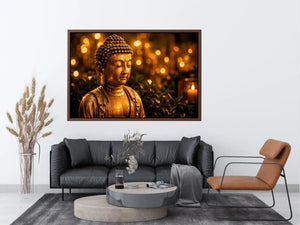 Golden Buddha wall art with glowing zen meditation lights and peaceful spiritual canvas print