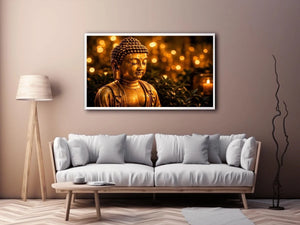Golden Buddha wall art with glowing zen meditation lights and peaceful spiritual canvas print
