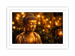 Golden Buddha wall art with glowing zen meditation lights and peaceful spiritual canvas print