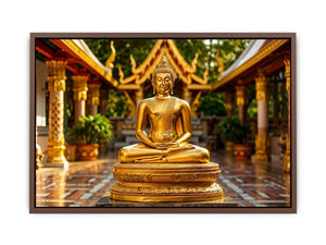 Golden Buddha temple wall art with serene meditation statue and luxury zen canvas print