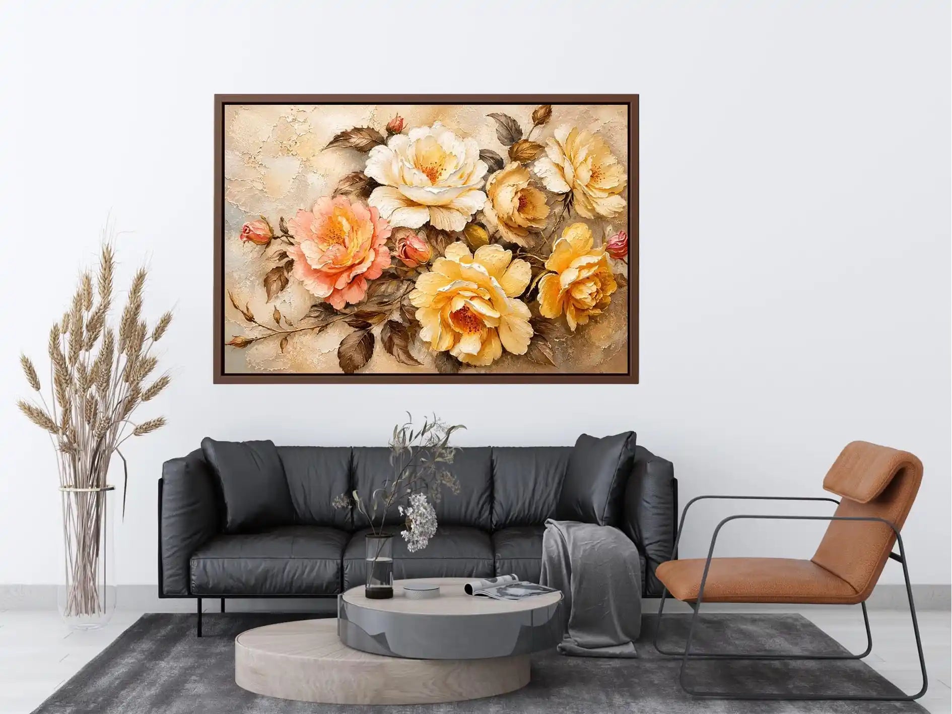 Vintage floral wall art with elegant roses and textured botanical canvas print