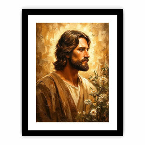 Warm earthy Jesus portrait wall art canvas painting with textured luxury modern interior aesthetic
