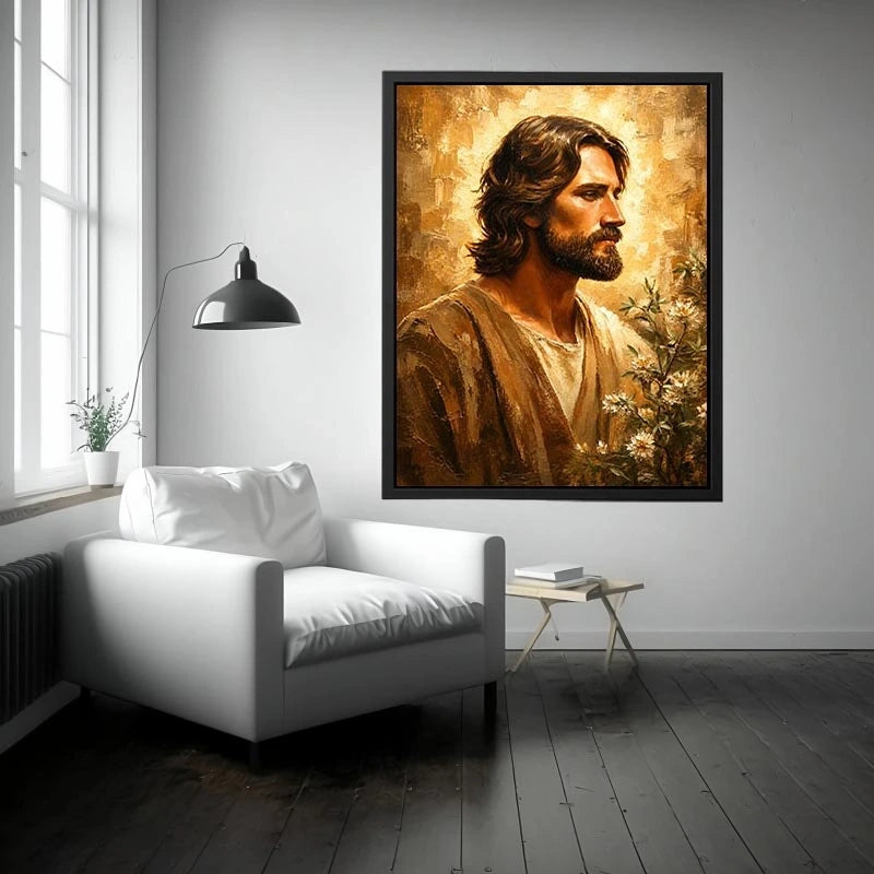Warm earthy Jesus portrait wall art canvas painting with textured luxury modern interior aesthetic