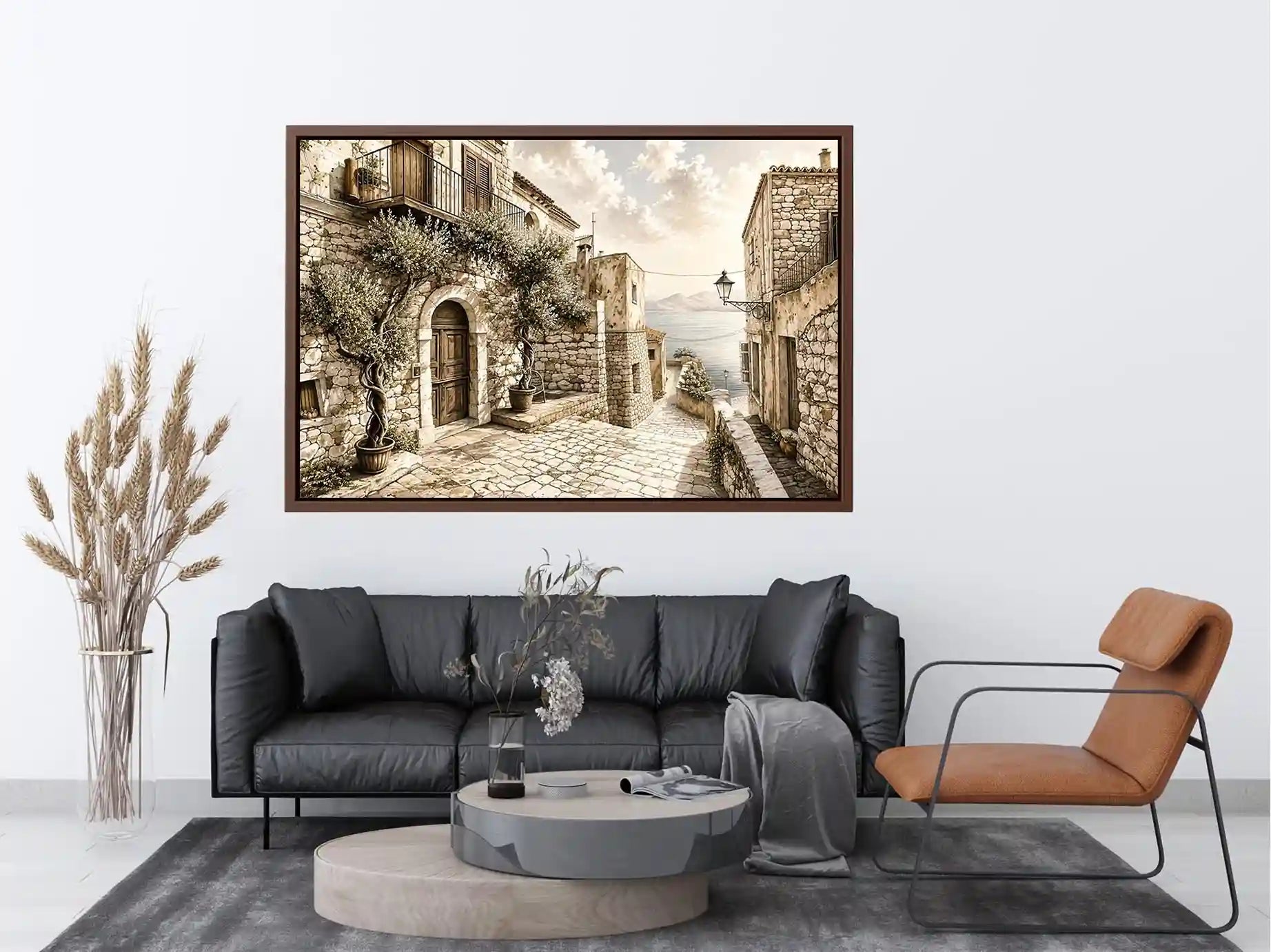Mediterranean coastal village sketch wall art with rustic stone architecture and elegant monochrome landscape design