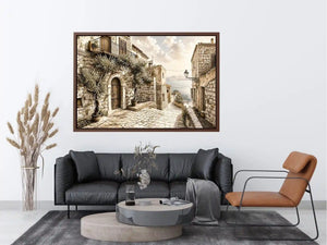 Mediterranean coastal village sketch wall art with rustic stone architecture and elegant monochrome landscape design