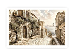 Mediterranean coastal village sketch wall art with rustic stone architecture and elegant monochrome landscape design