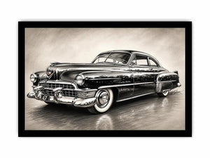 Vintage classic car sketch wall art with retro monochrome automotive illustration and luxury industrial interior style
