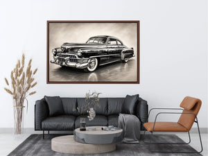 Vintage classic car sketch wall art with retro monochrome automotive illustration and luxury industrial interior style