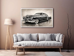 Vintage classic car sketch wall art with retro monochrome automotive illustration and luxury industrial interior style
