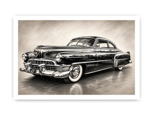 Vintage classic car sketch wall art with retro monochrome automotive illustration and luxury industrial interior style
