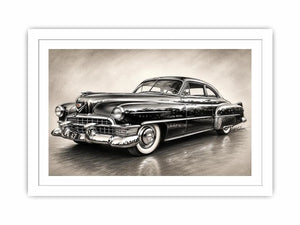 Vintage classic car sketch wall art with retro monochrome automotive illustration and luxury industrial interior style